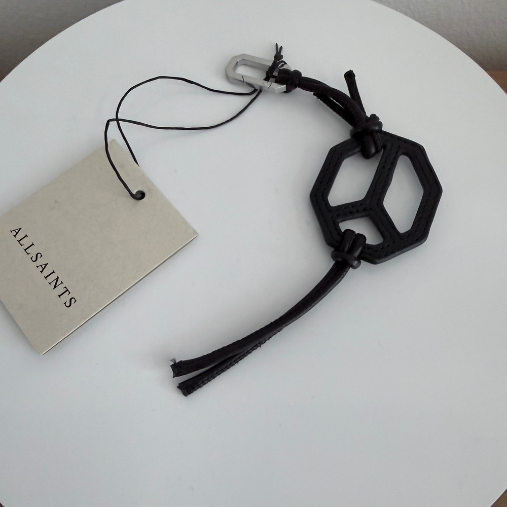 AllSaints Black Leather Peace Keyring W657XD-5 Bag Charm NWT - Picture 7 of 7